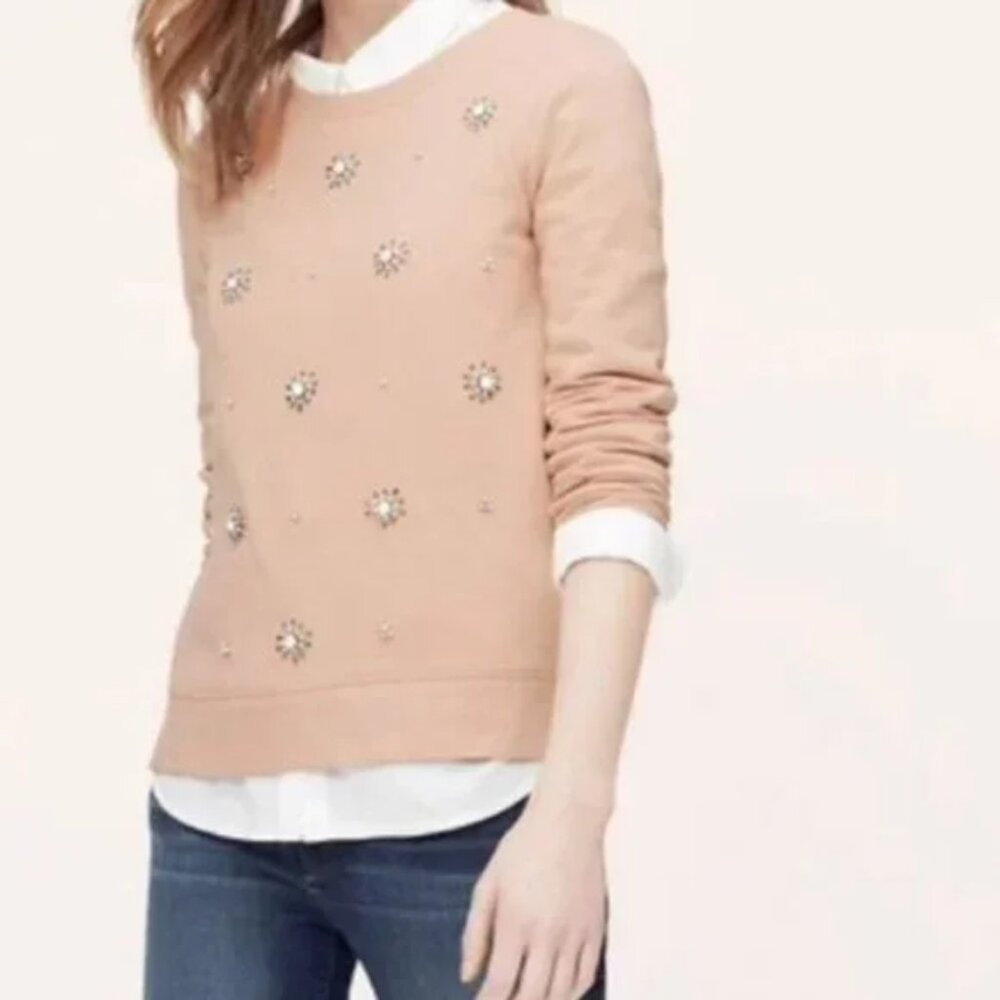 LOFT Starburst Jeweled Embellished Sweatshirt Blush Pink Size S Cotton Blend - Picture 3 of 9